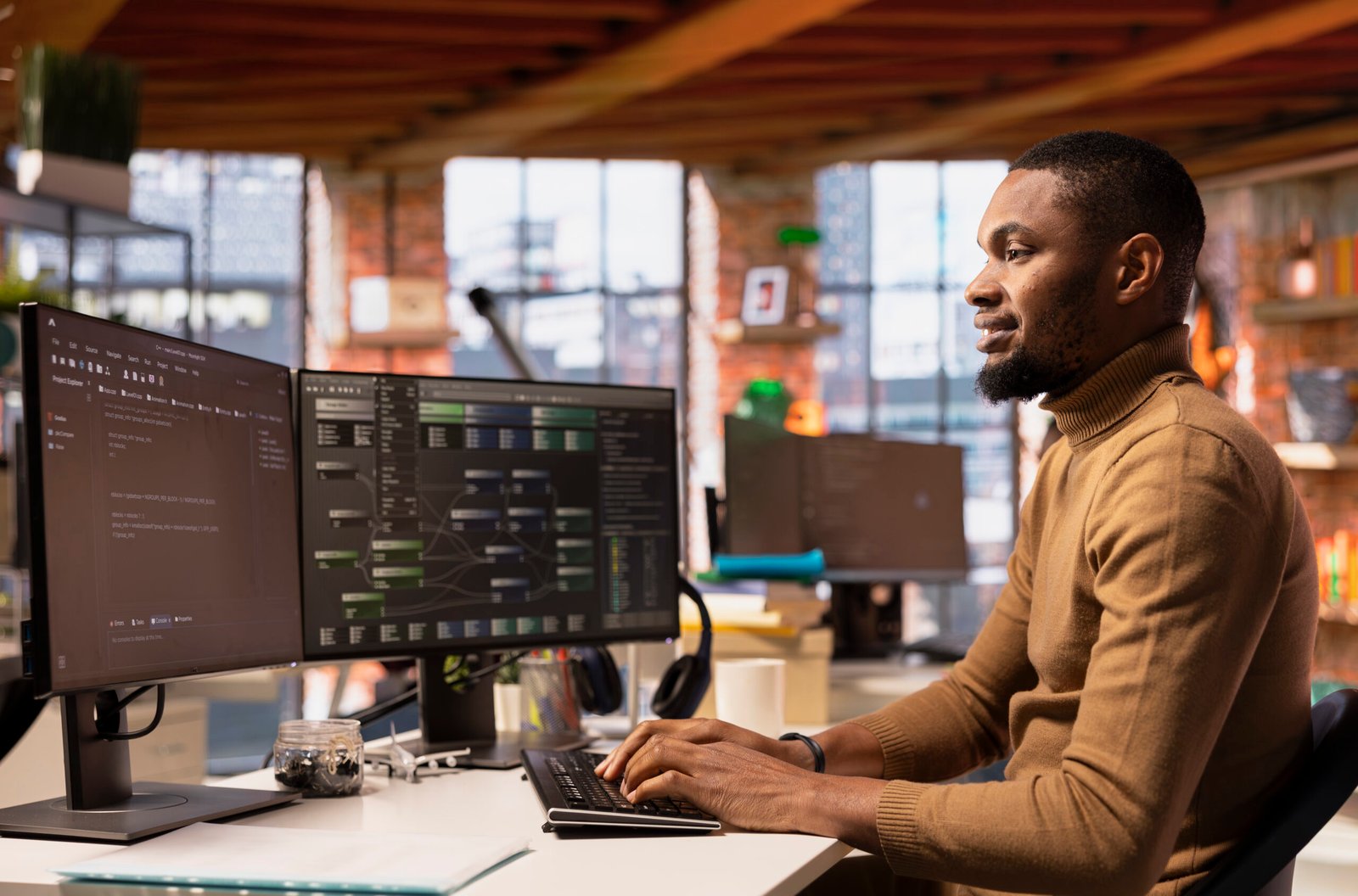 Upbeat software engineer coding advanced AI algorithm and machine learning models enhancing automation. Jolly IT worker using computer in innovative Silicon Valley workplace